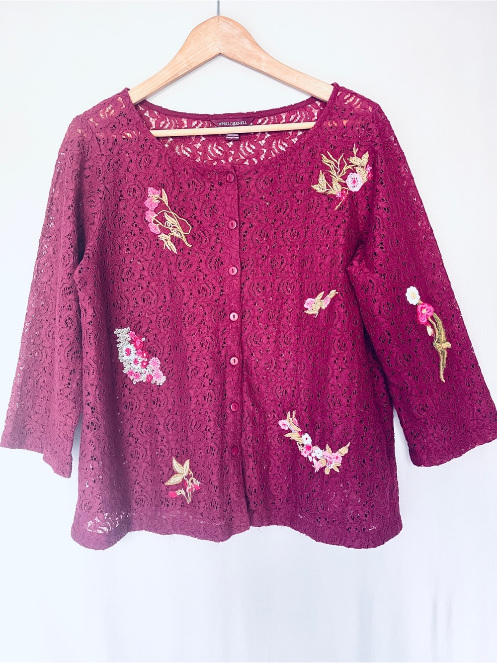 April Cornell Embroidered Lace Cardigan Berry Cotton Blend Size S